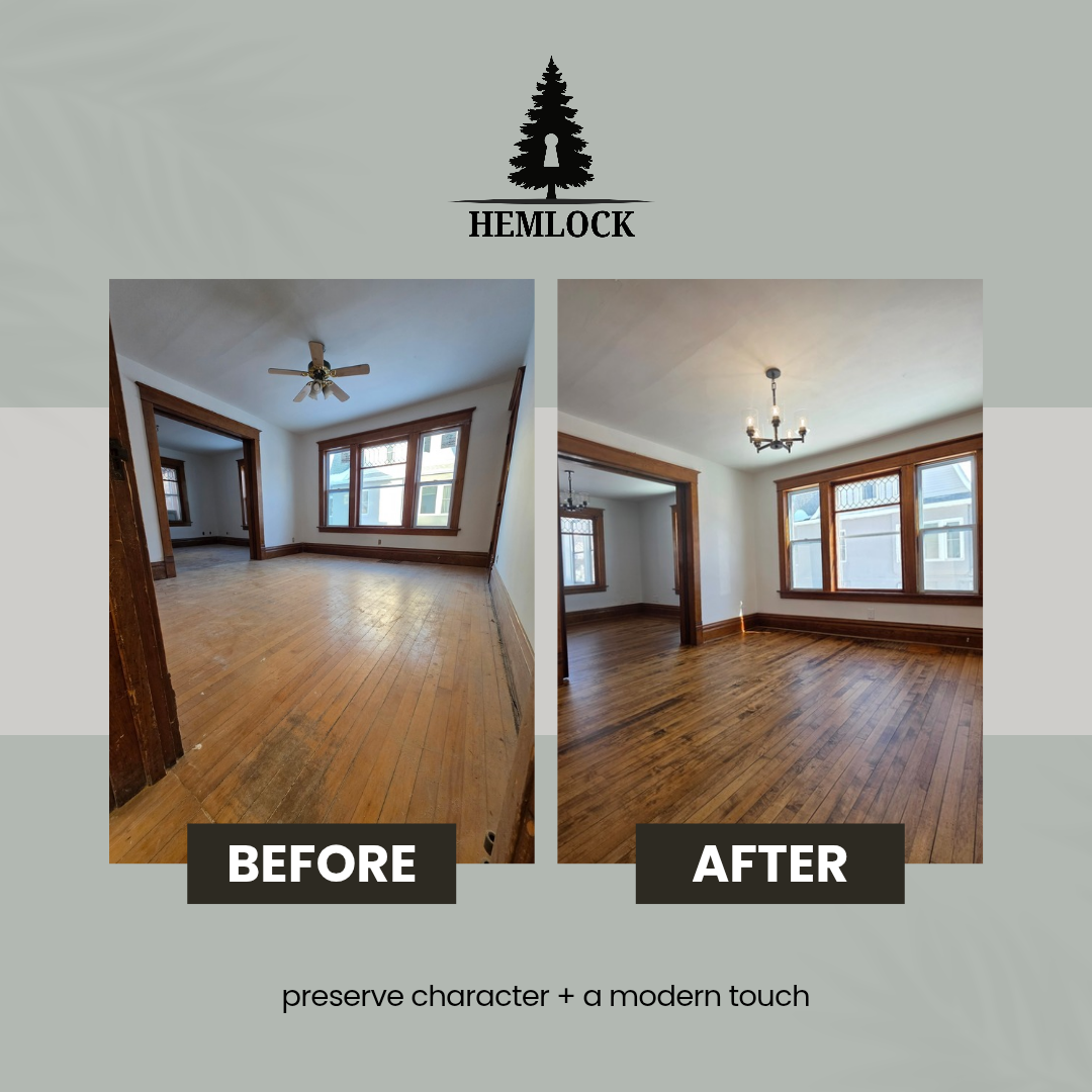 Before and after living room restoration